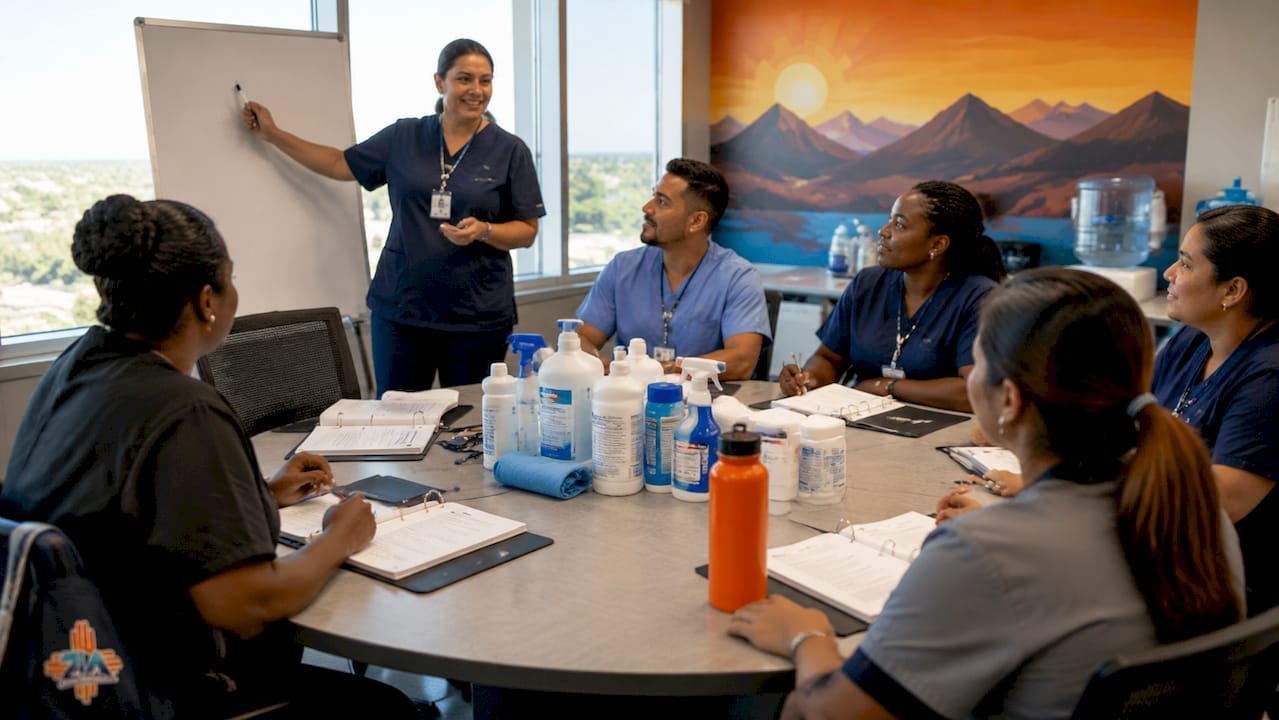 Healthcare janitorial staff training session in break room