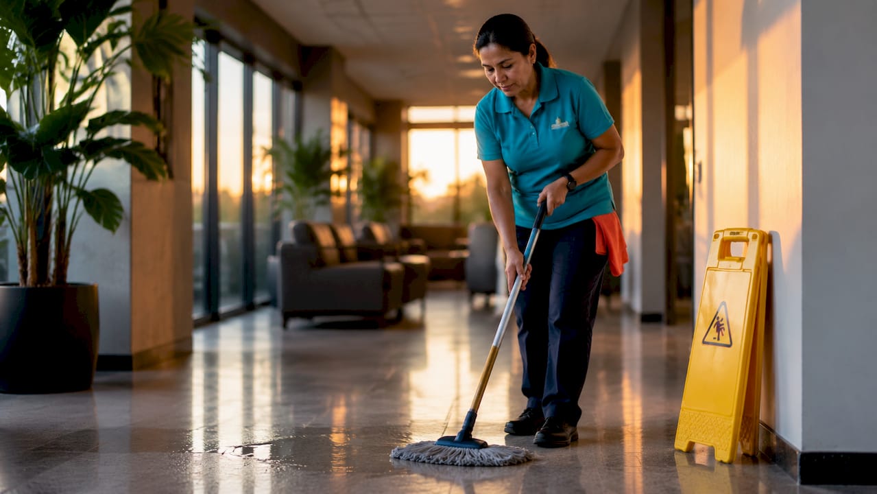 Cleaner mopping office floor for safety