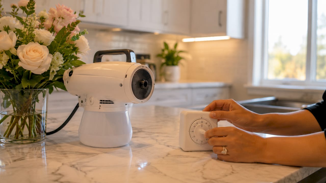 Hands setting timer next to fogger device
