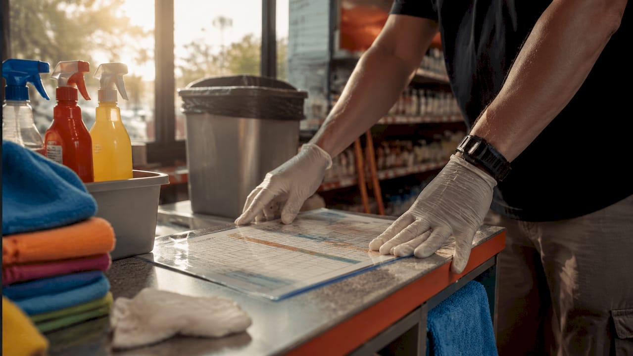Hands checking retail daily cleaning checklist