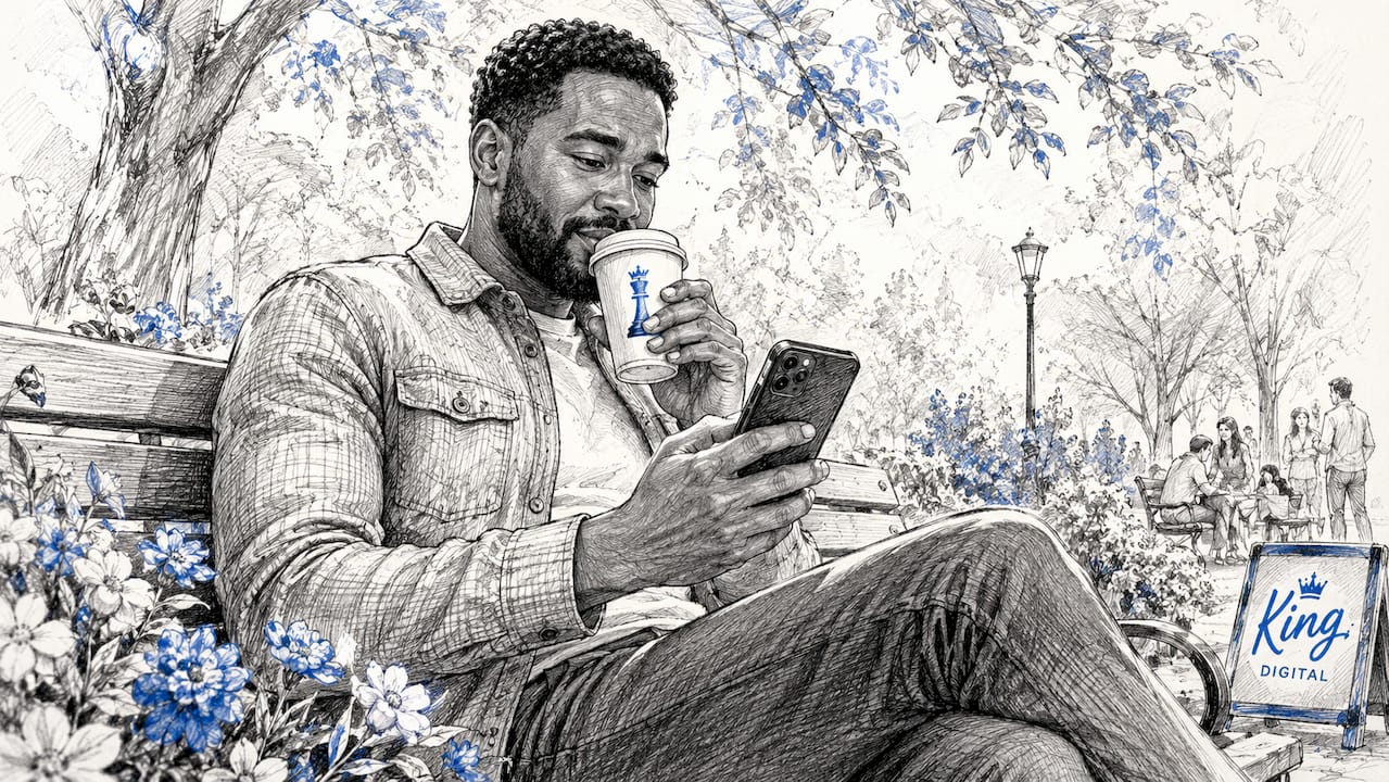 Man Reading Online Business Reviews In Café