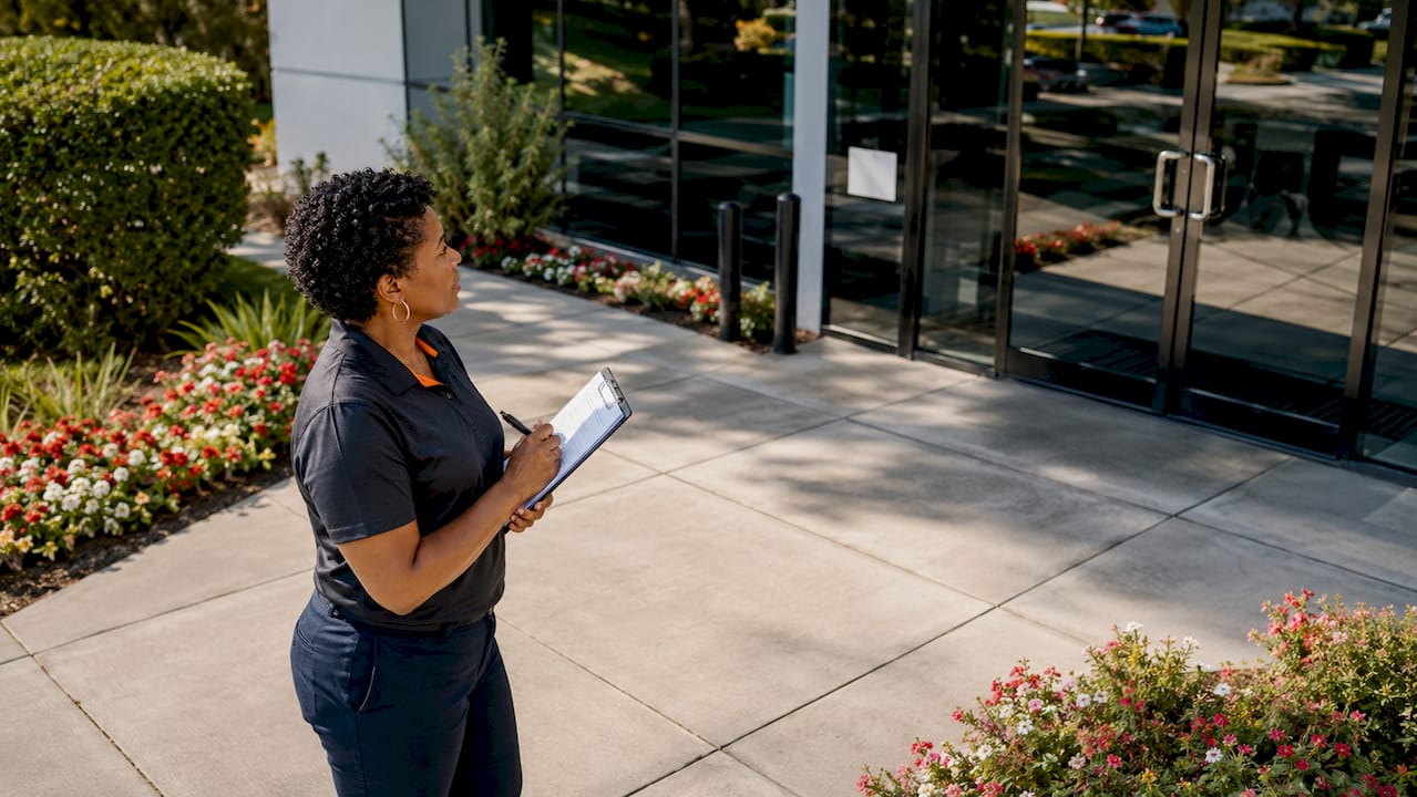 Janitorial supervisor inspecting building exterior