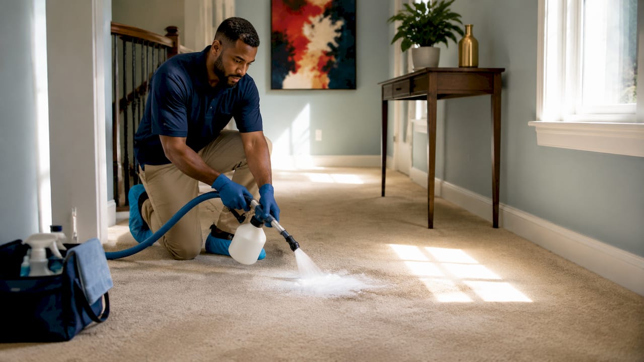 Close-up of hands spraying enzymatic cleaner on carpet