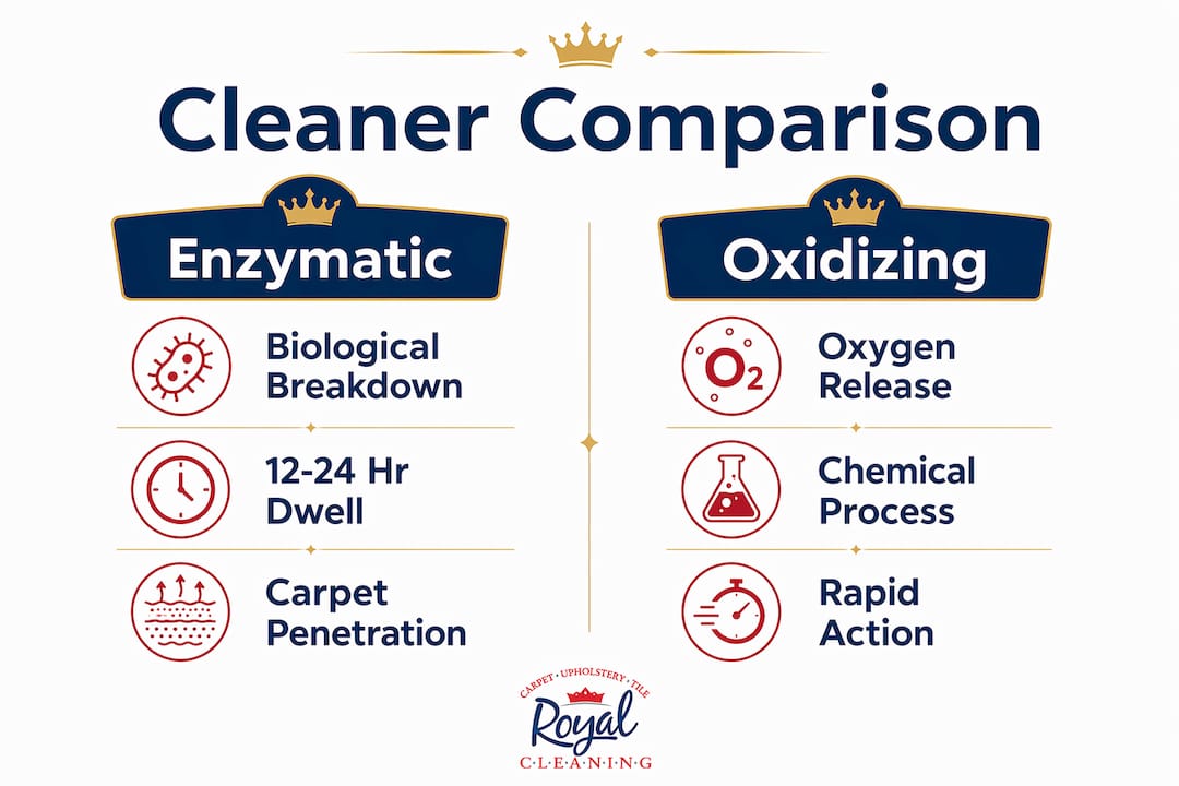 Infographic comparing enzymatic and oxidizing pet odor cleaners