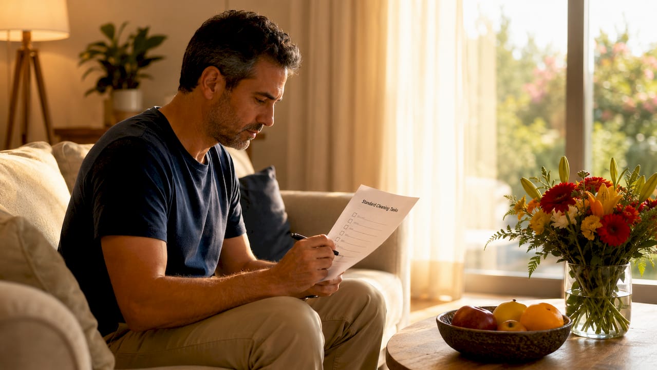 Man reviewing standard cleaning checklist at table