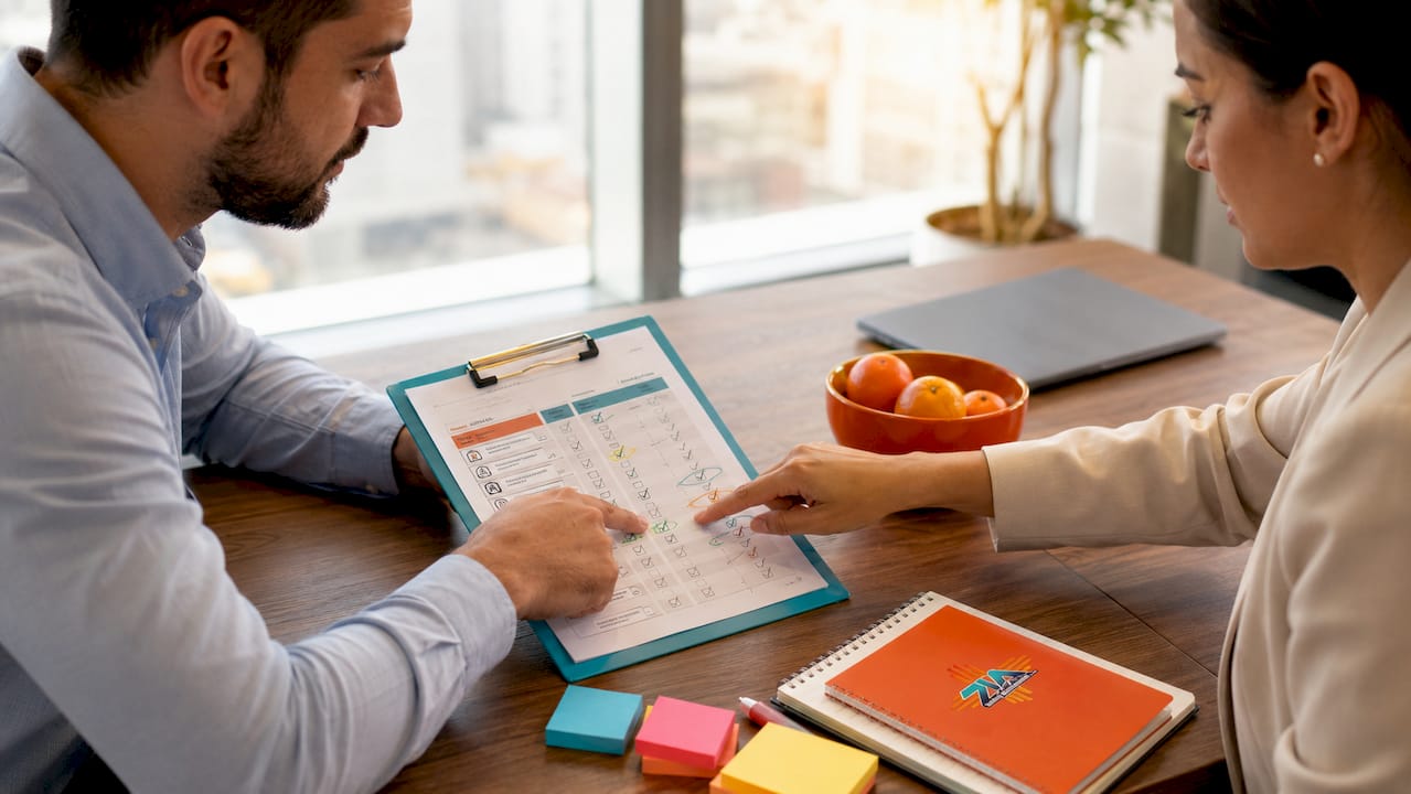 Two professionals evaluating cleaning vendor scorecard at table