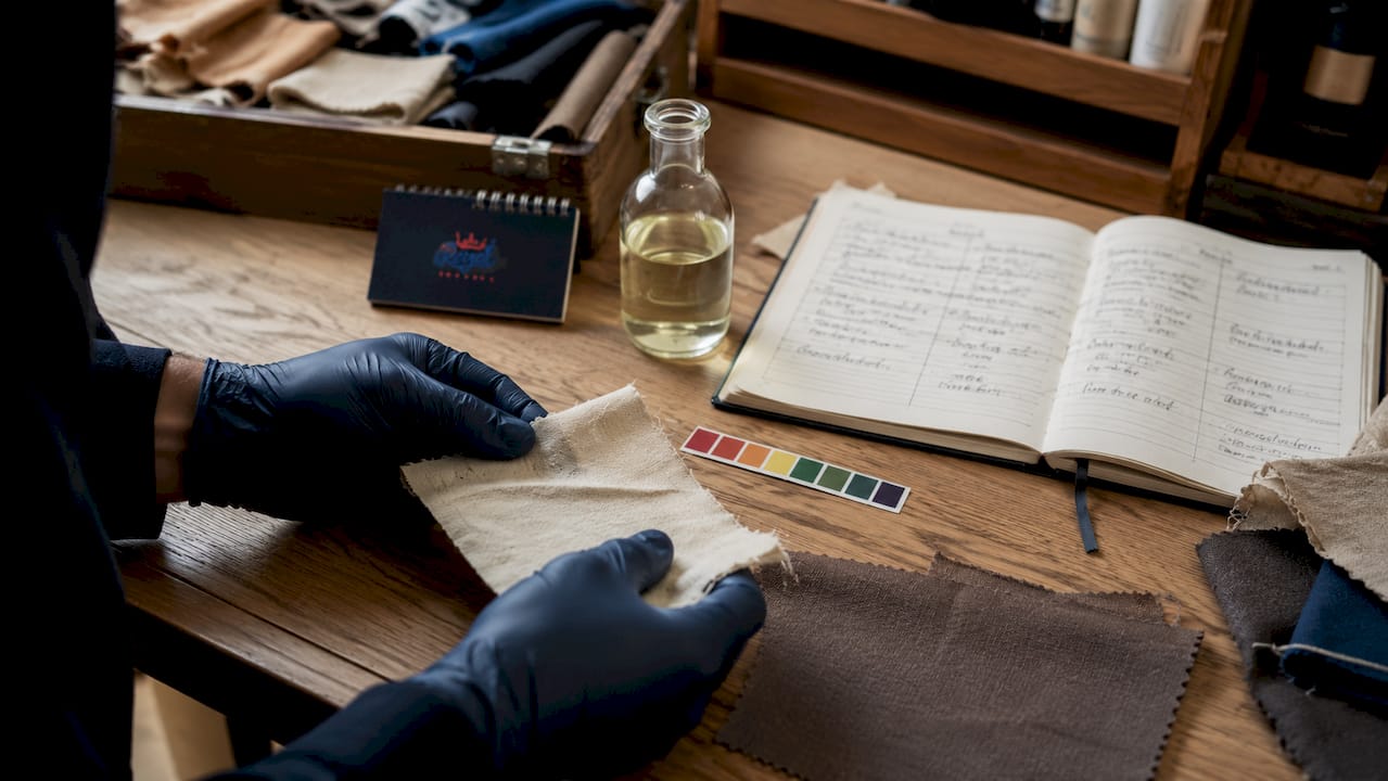 Hands testing fabric fiber for stain removal