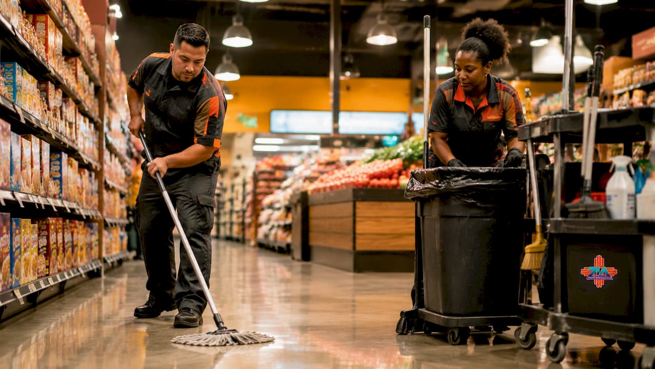 Janitorial staff performing nightly retail cleaning