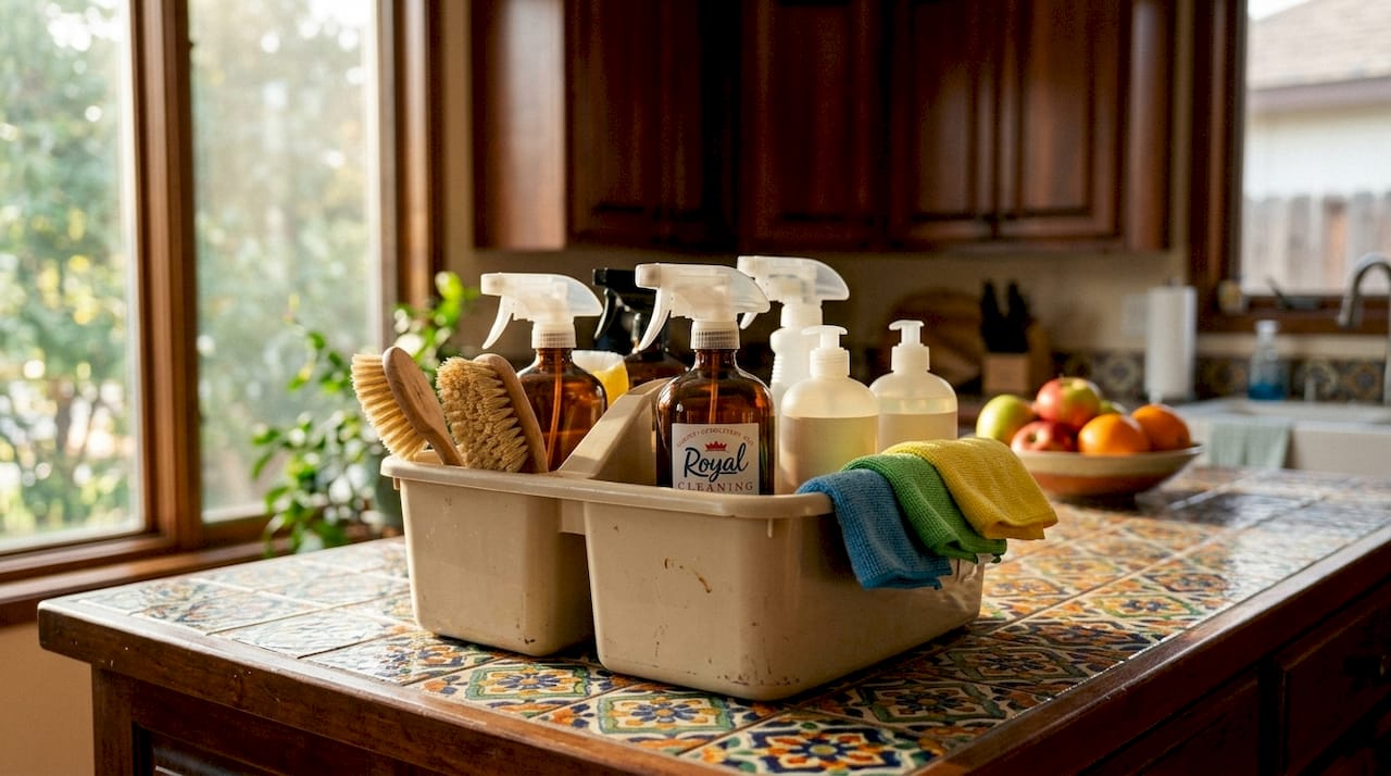 Close-up of labeled eco-friendly cleaning caddy