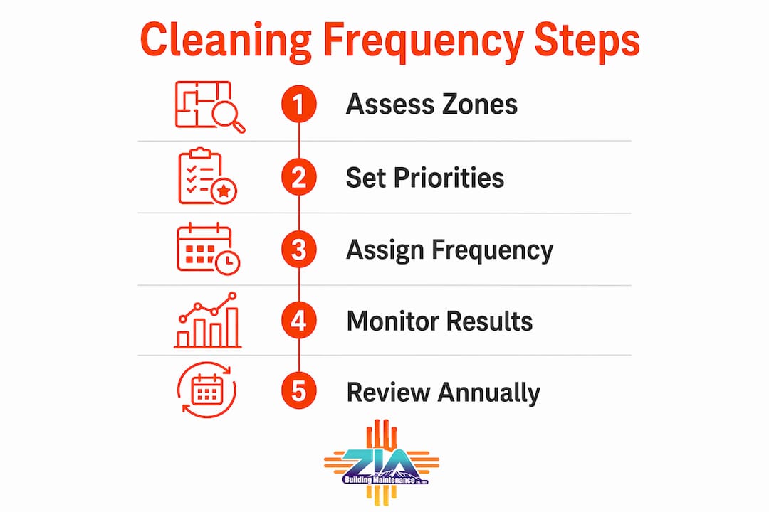 Infographic illustrating office cleaning frequency steps