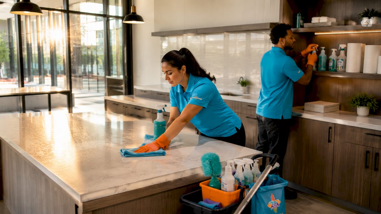 Cleaning crew performing post-construction office cleaning