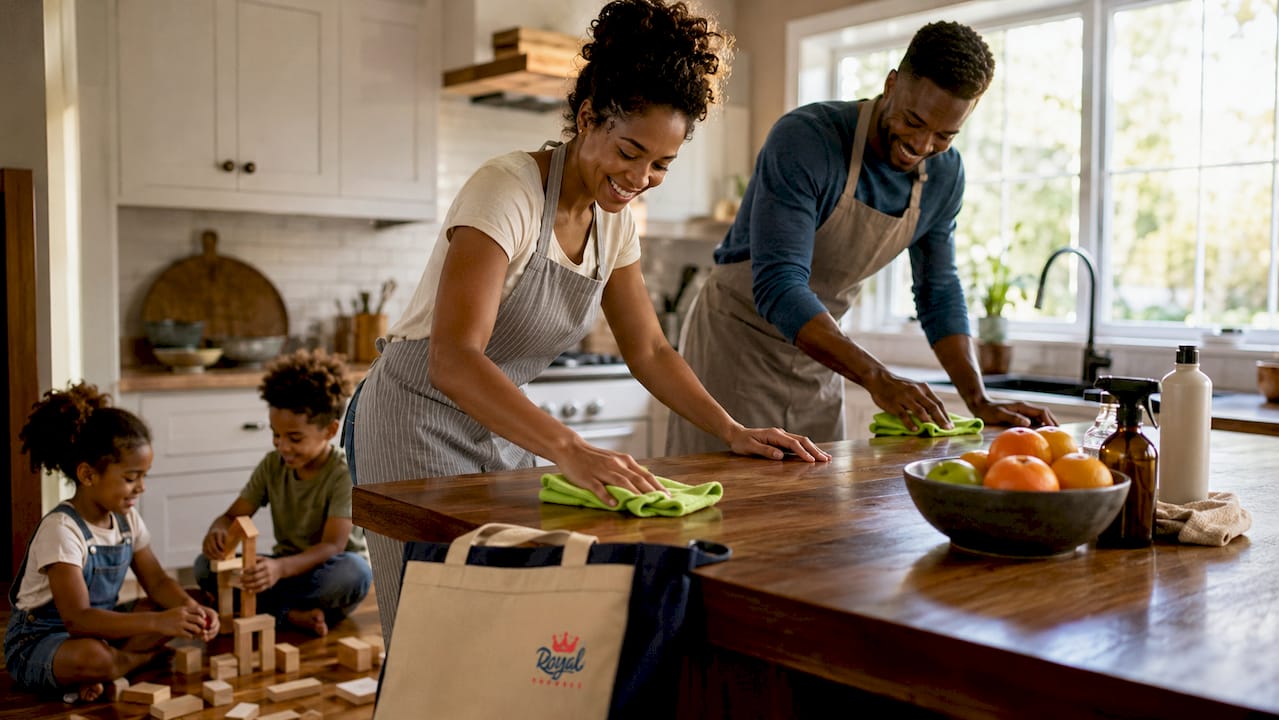Family cleaning living room with green products