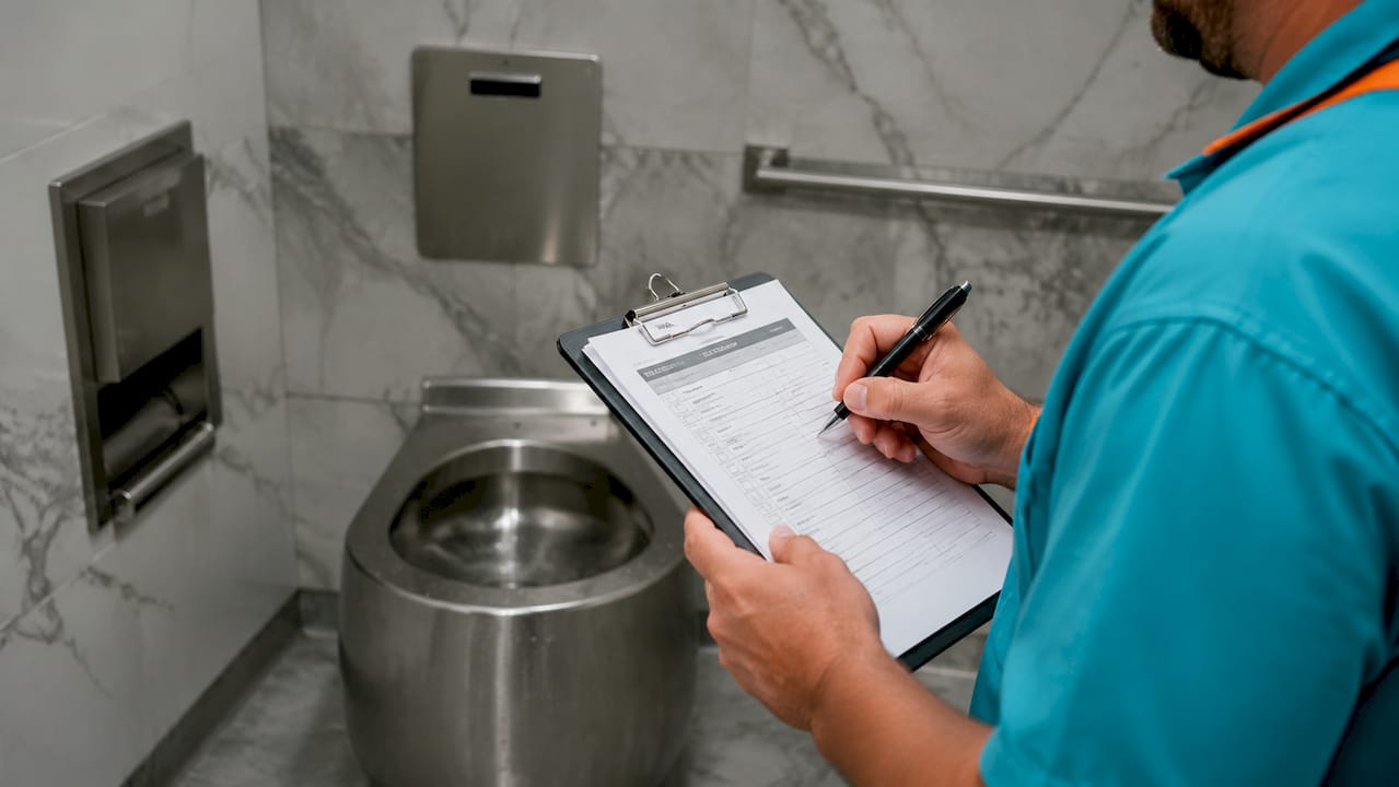Supervisor holding checklist in commercial restroom