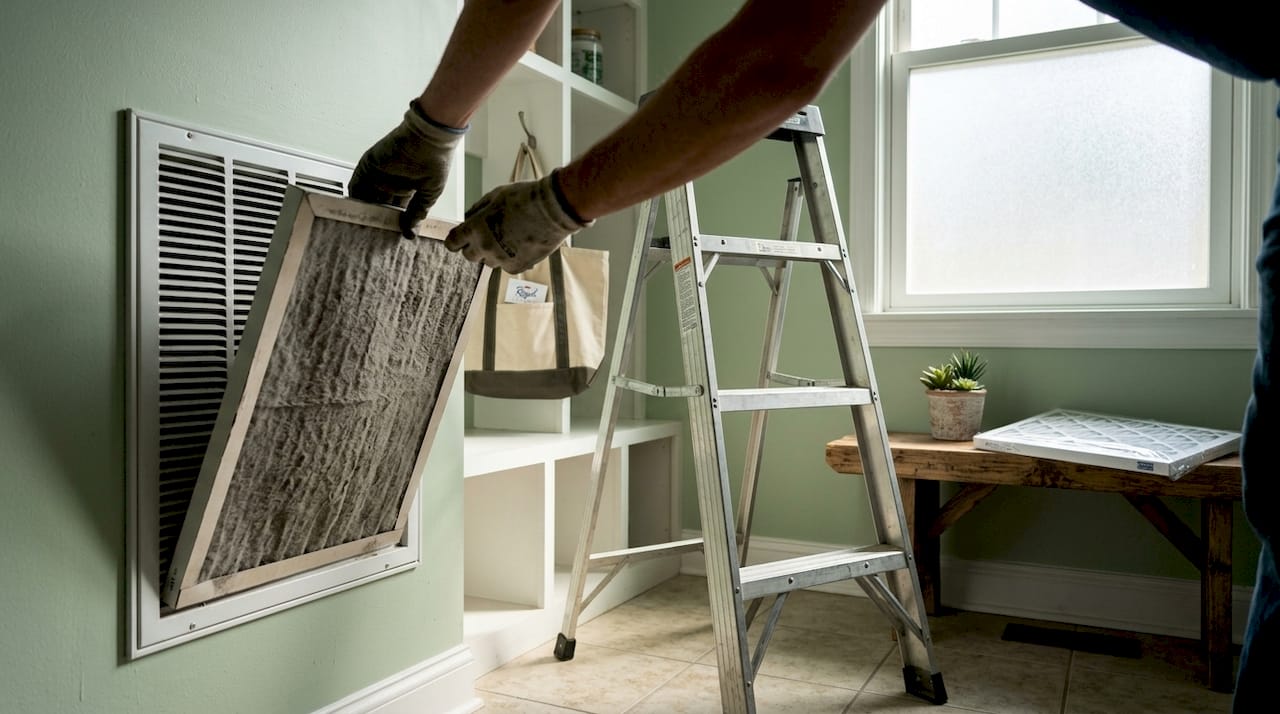 Hands removing dirty air filter from home vent