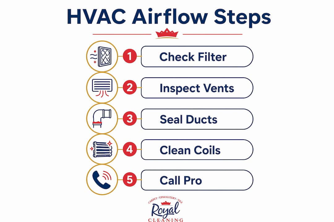Infographic showing HVAC airflow troubleshooting steps in order