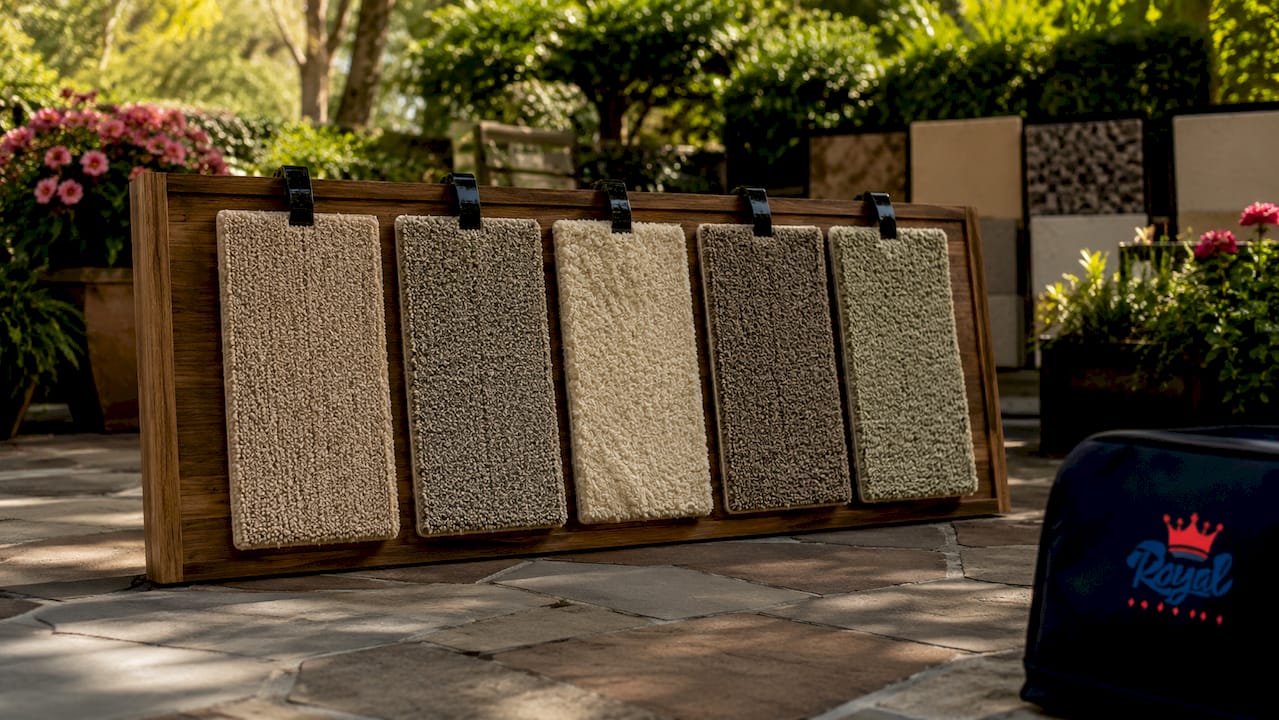 Showroom display of various carpet fiber types