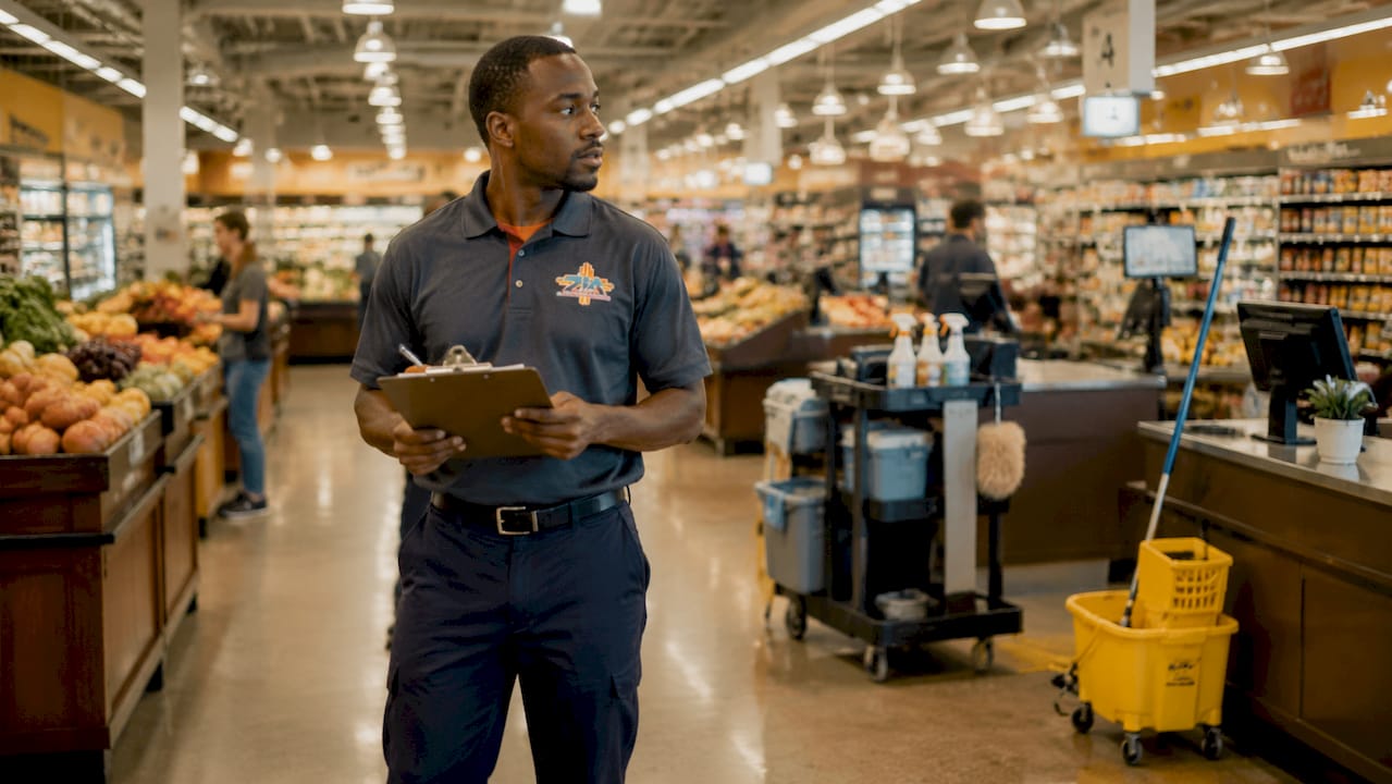 Supervisor inspecting retail cleaning supplies