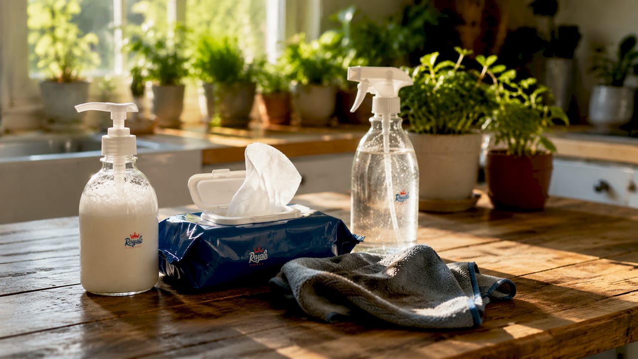 Close-up of antibacterial cleaning products and tools