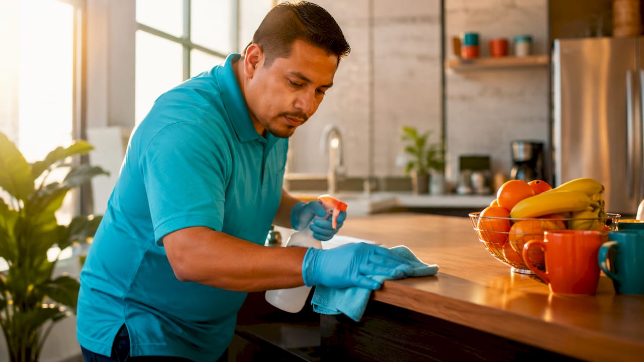 Janitor disinfecting office door handle