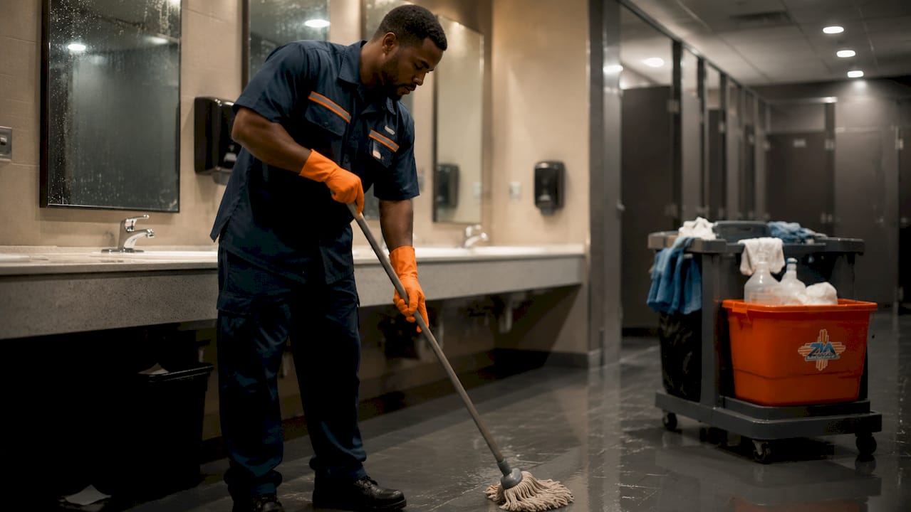 Janitor mopping restroom floor at night