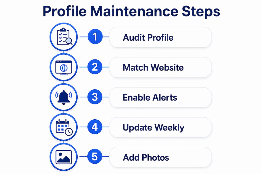 Service Business Google Profile Guide for 2026 3 Infographic Illustrating Maintenance Steps For Google Business Profile