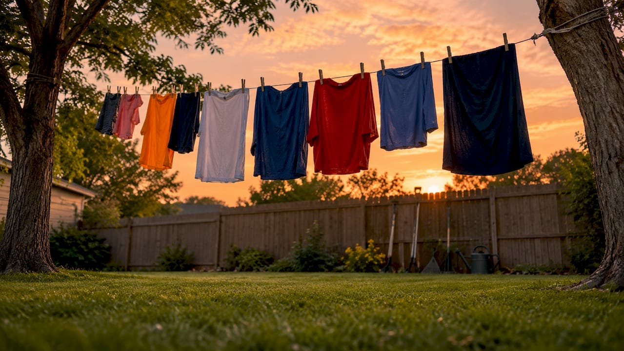 Clothes drying outdoors on line under sun