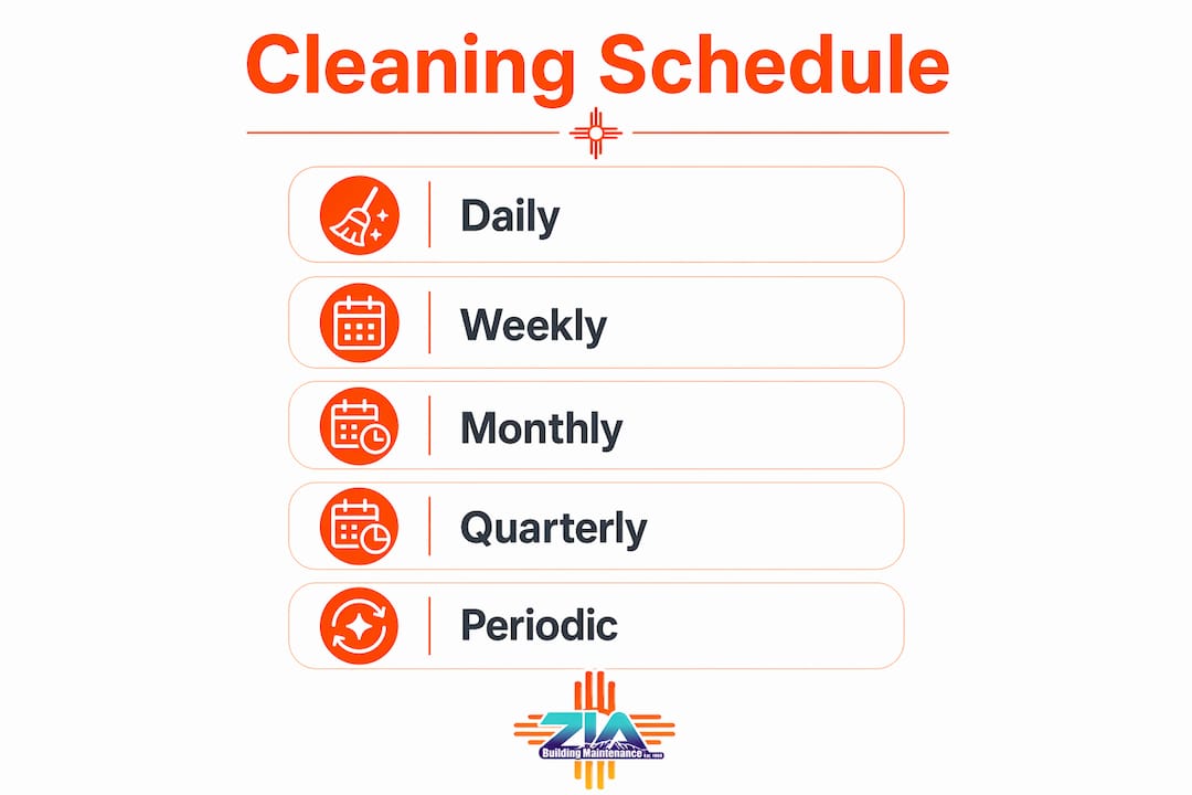 Infographic illustrating cleaning schedule for open offices
