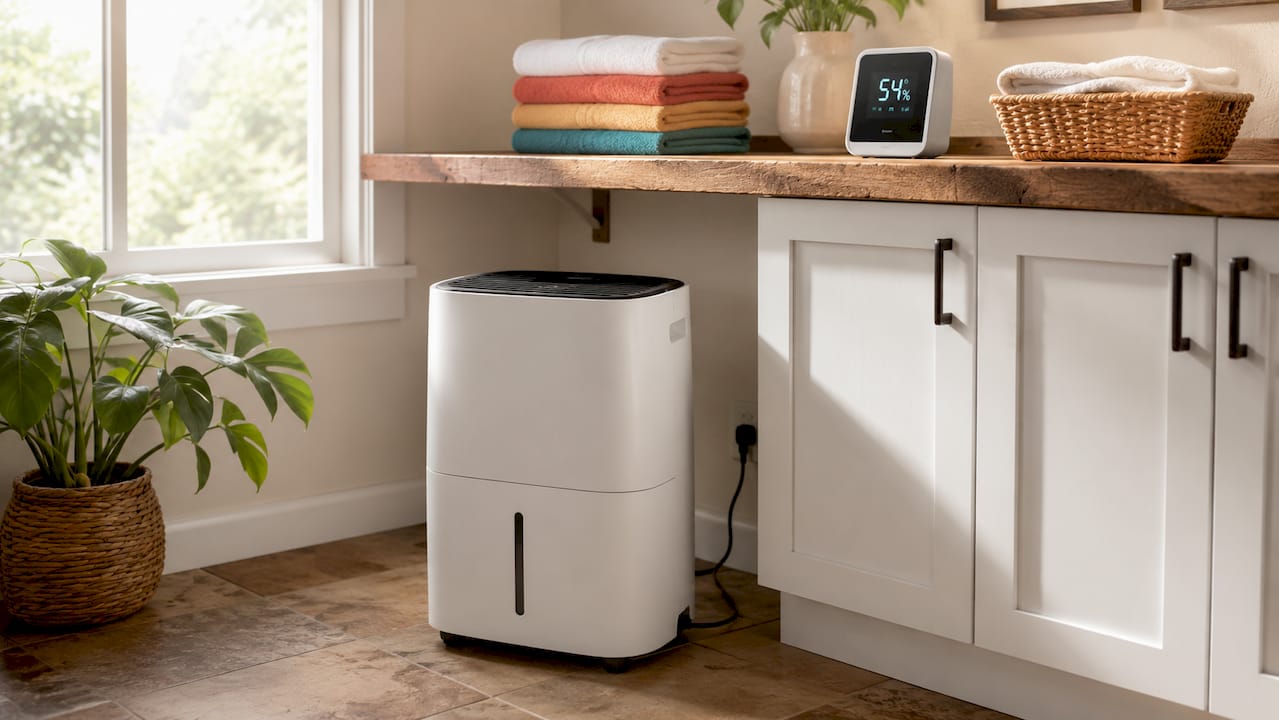 Digital hygrometer and dehumidifier in laundry room