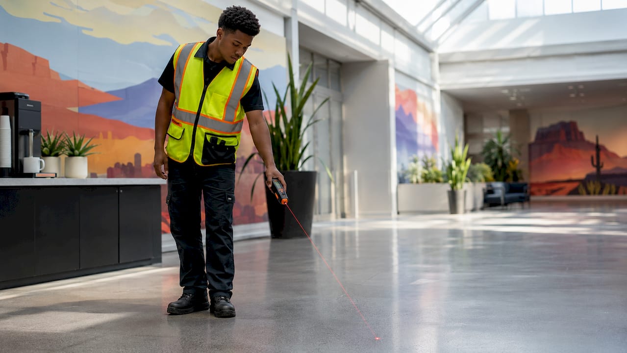 Janitor measuring cleanable square footage in lobby