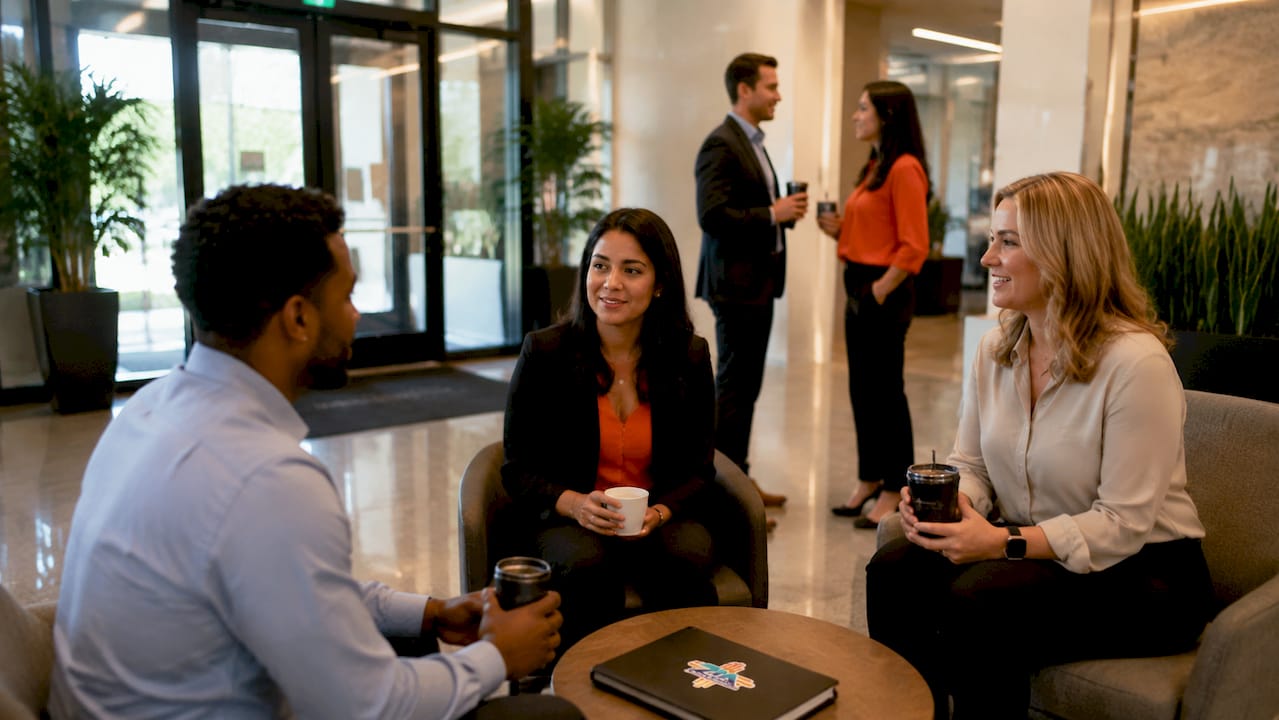 Spotless commercial building lobby with visitors