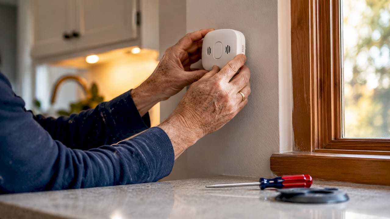 Hands installing carbon monoxide detector