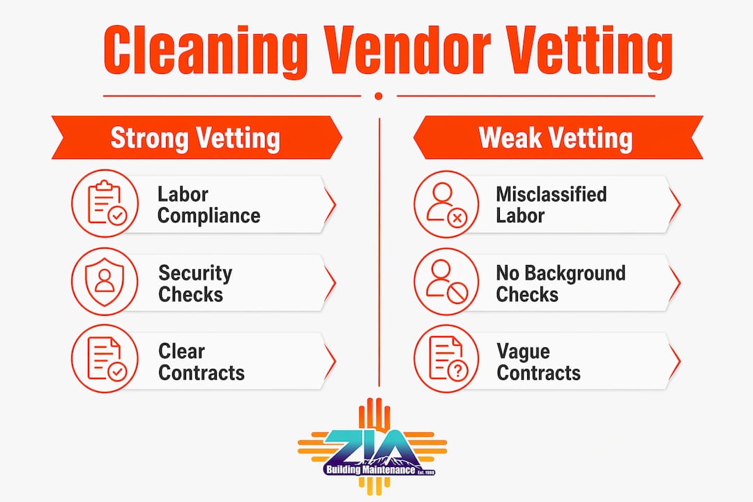 Infographic comparing strong and weak cleaning vendor vetting