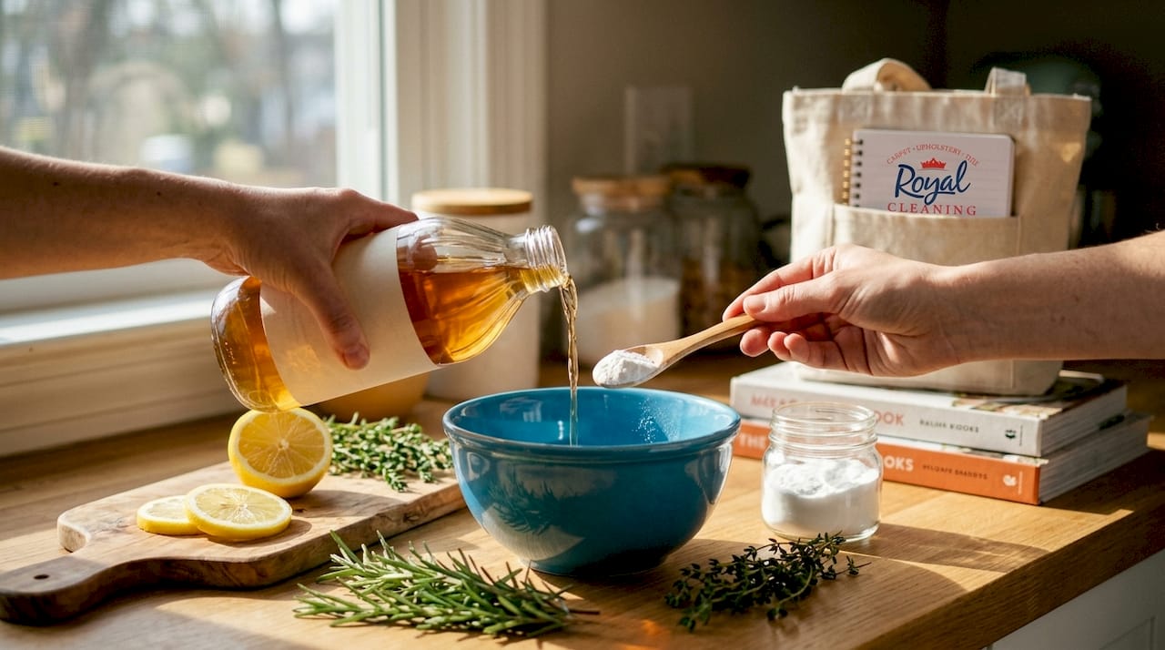 Hands mixing natural cleaning ingredients