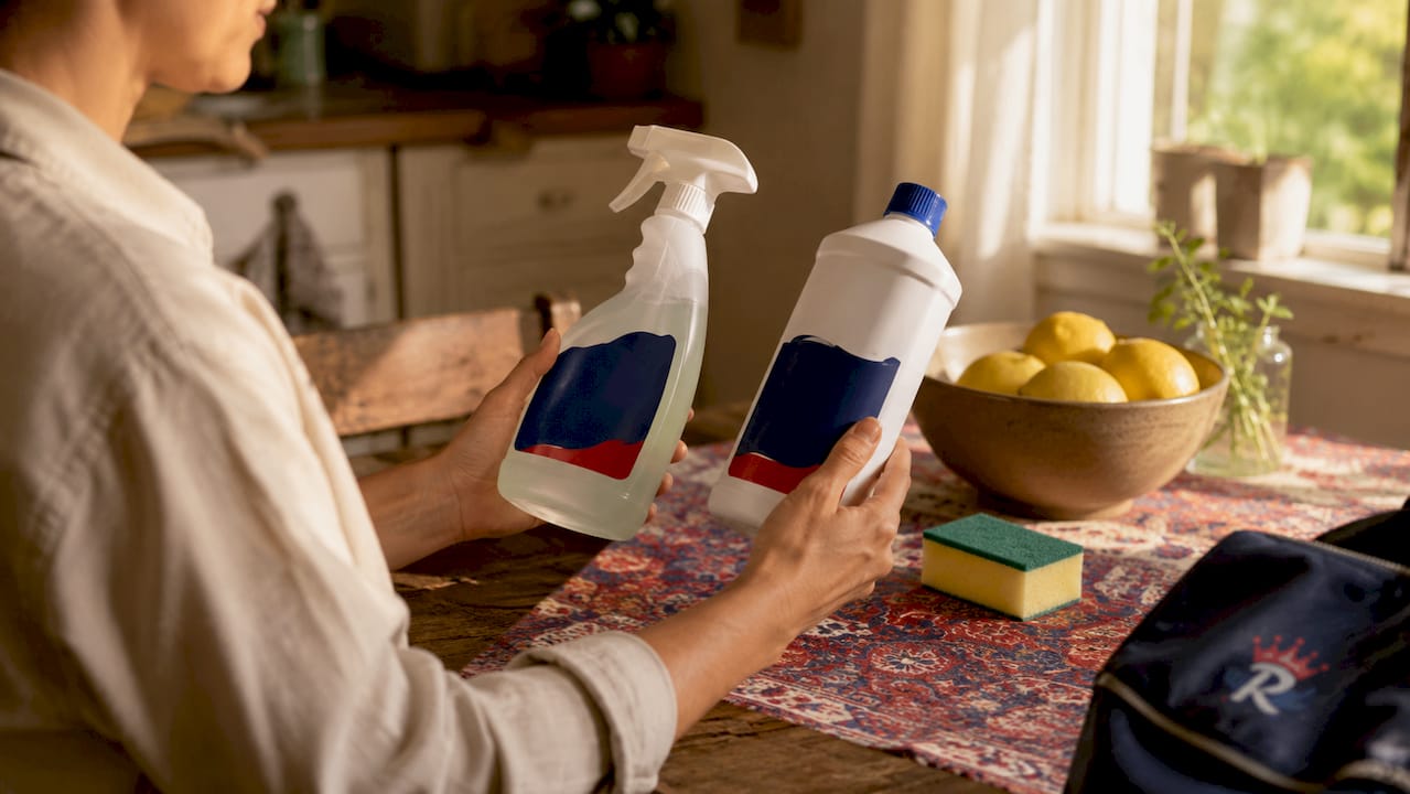 Hands holding sanitizer and disinfectant bottles in kitchen