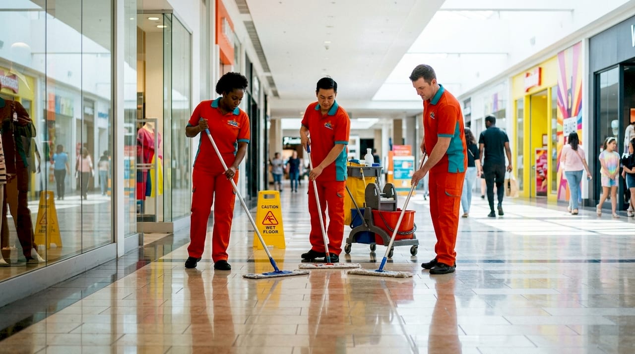 Diverse janitorial team cleaning commercial office hallway