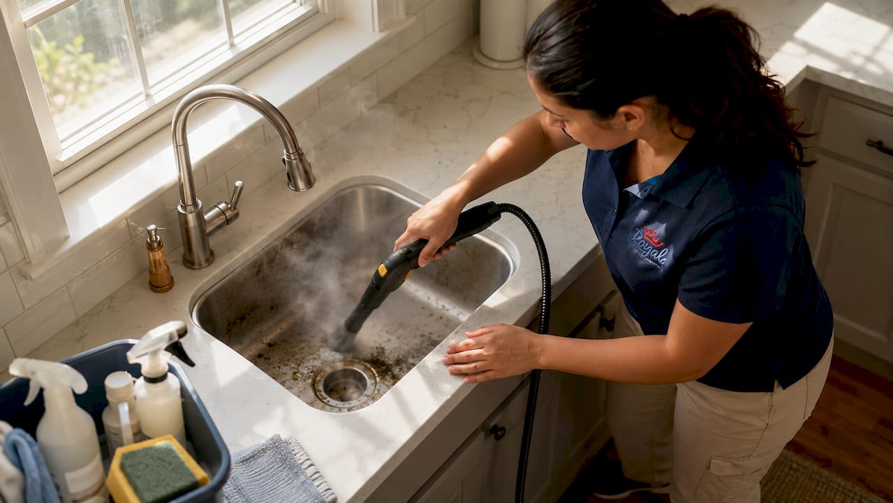 Cleaning specialist treating mold in bathroom