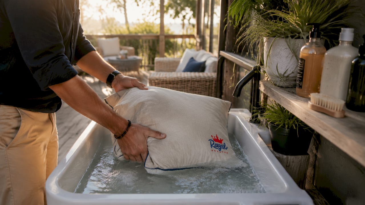 Hands placing pillow into washing machine