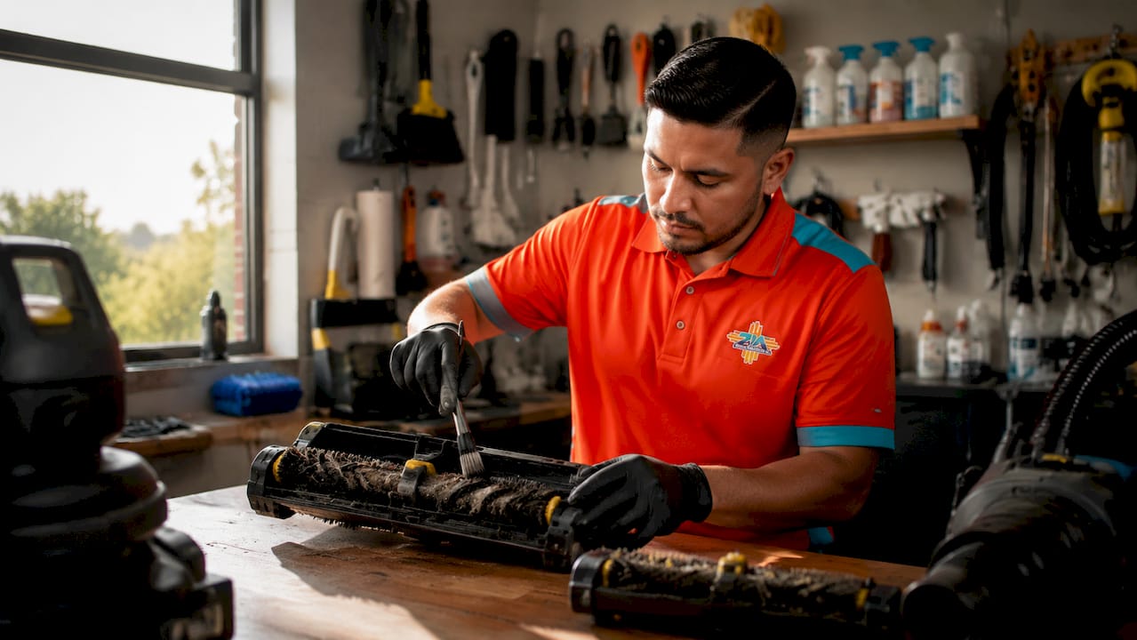 Technician performing maintenance on cleaning equipment brushes