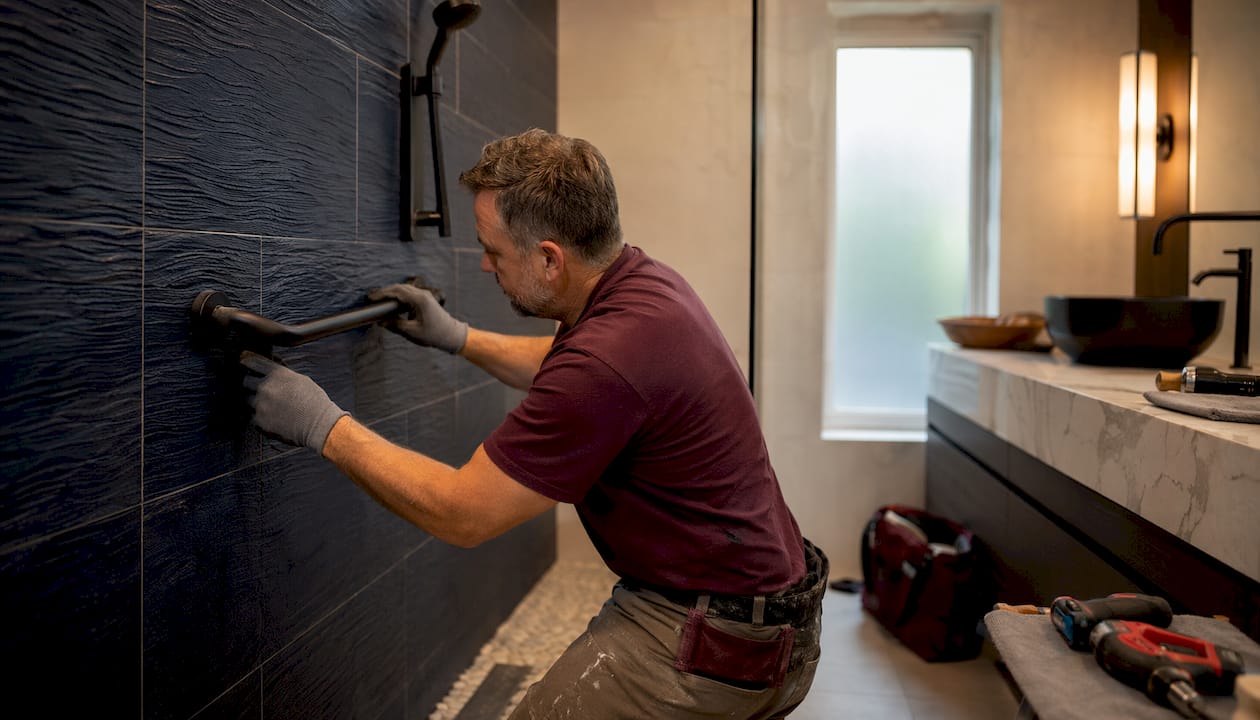 Aging In Place Bathroom: Your 2026 Renovation Guide 1 Contractor Installing Grab Bar In Walk-In Shower
