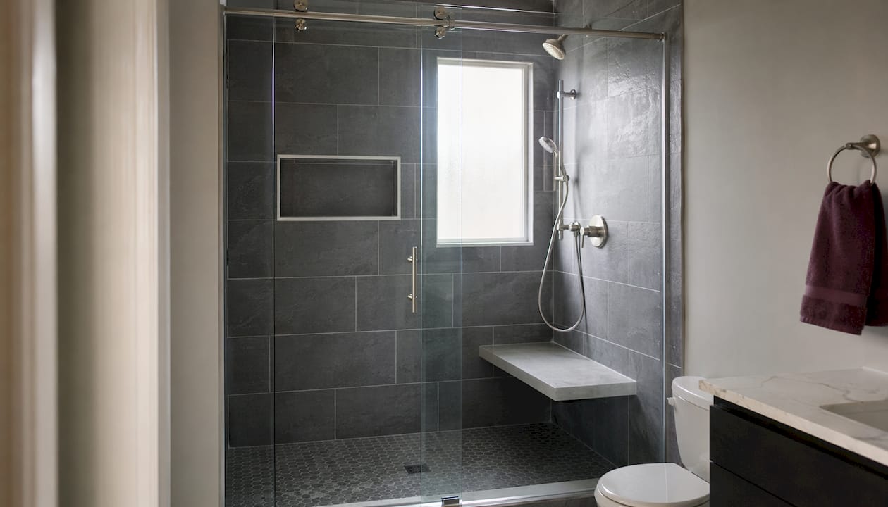 Modern Tiled Shower With Glass Enclosure And Niche