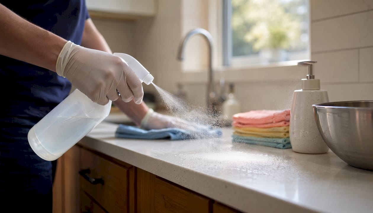 Gloved hands spraying disinfectant on office desk