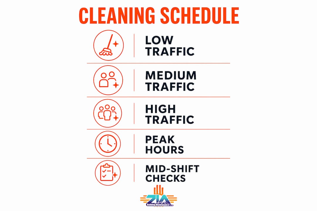 Infographic showing retail restroom cleaning schedule steps