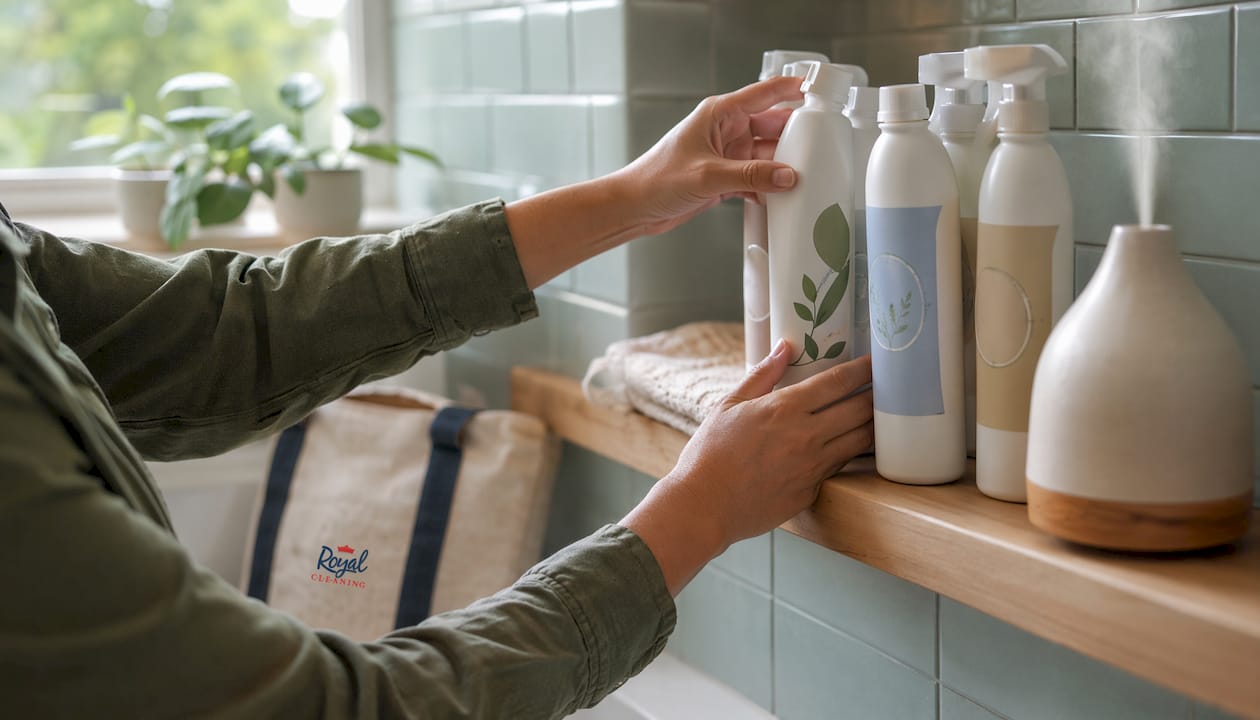 Hands comparing eco-friendly cleaning products