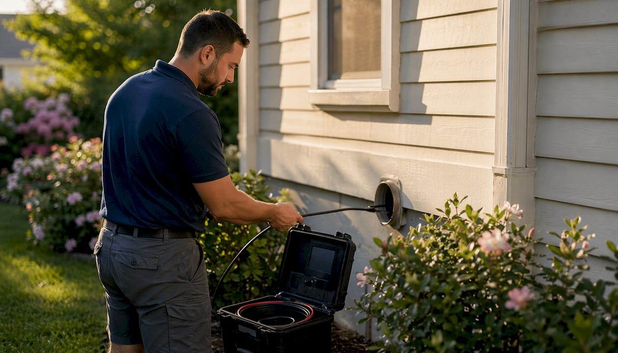 HVAC technician preparing video inspection camera