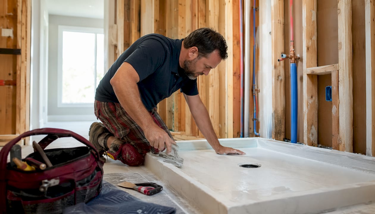 Craftsman Applying Waterproof Membrane In Shower