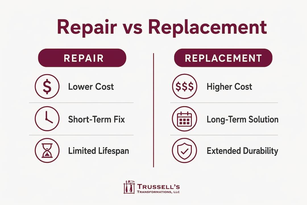 Roof Replacement Vs Repair: A New Mexico Homeowner'S Guide 2 Infographic Comparing Roof Repair And Replacement Factors