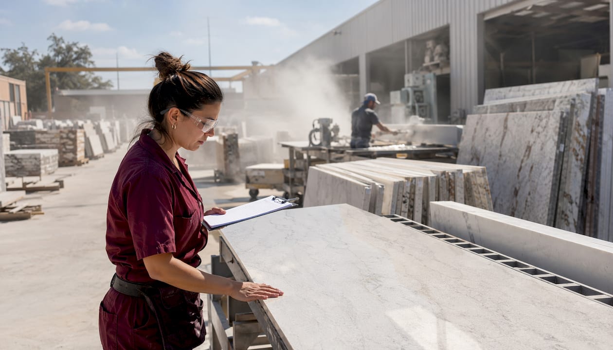 Quartz Vs Granite Countertops: 2026 Comparison Guide 1 Technician Inspecting Quartz Countertop Slab In Factory