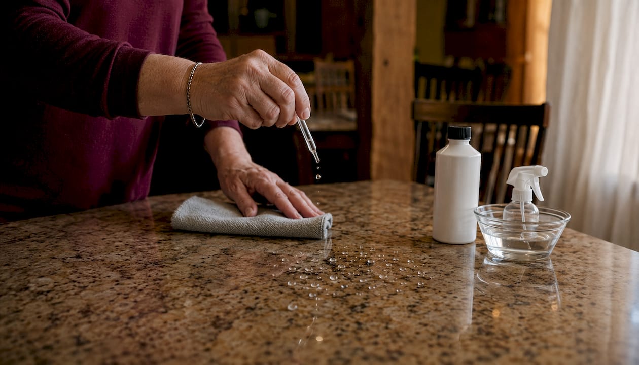 How To Seal Granite Countertops: 2026 New Mexico Guide 2 Hands Doing Water Test On Granite Surface