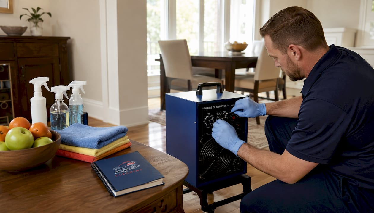 Technician operating ozone generator equipment
