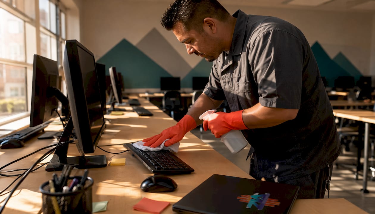 Hands sanitizing computer keyboard in school lab